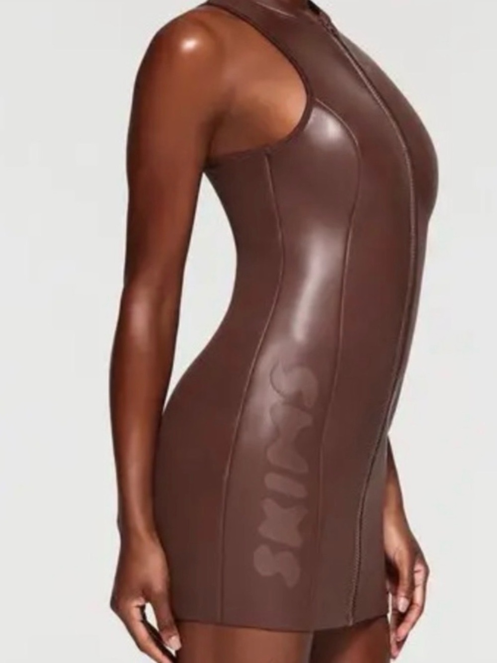 **RARE**SKIMS Rubberized Mock Neck, ZIP UP Swim Dress NWT in Cocoa